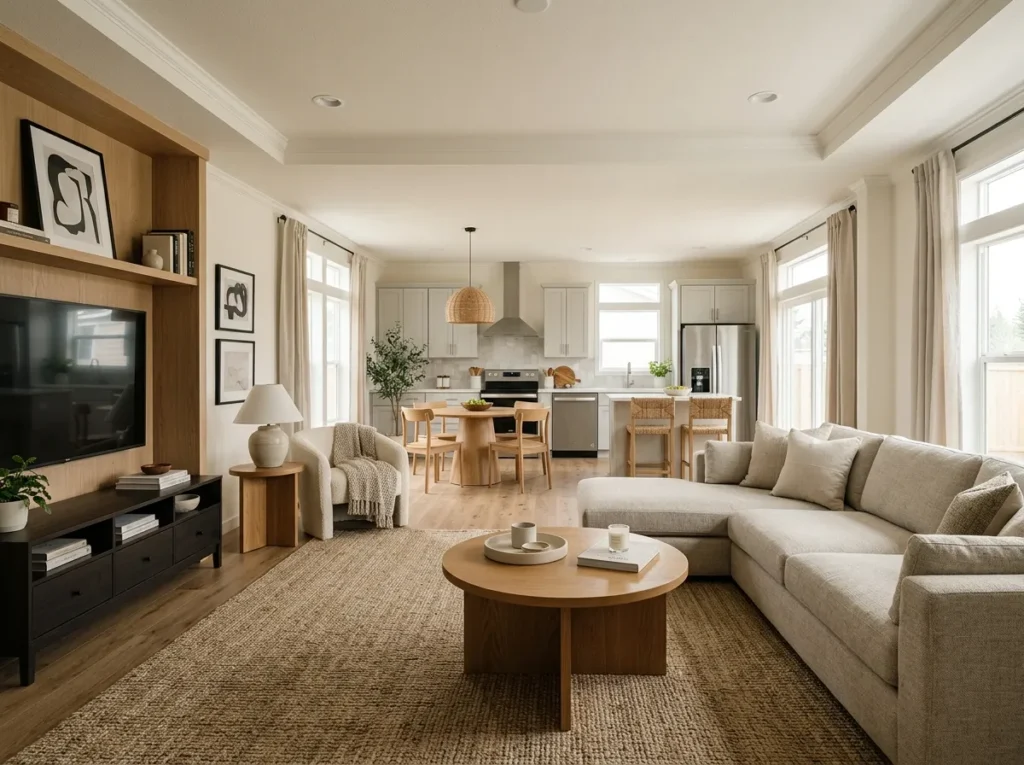 Open-concept double-wide living room with a neutral sectional and rug defining the seating area while remaining visually connected to the dining room and kitchen.