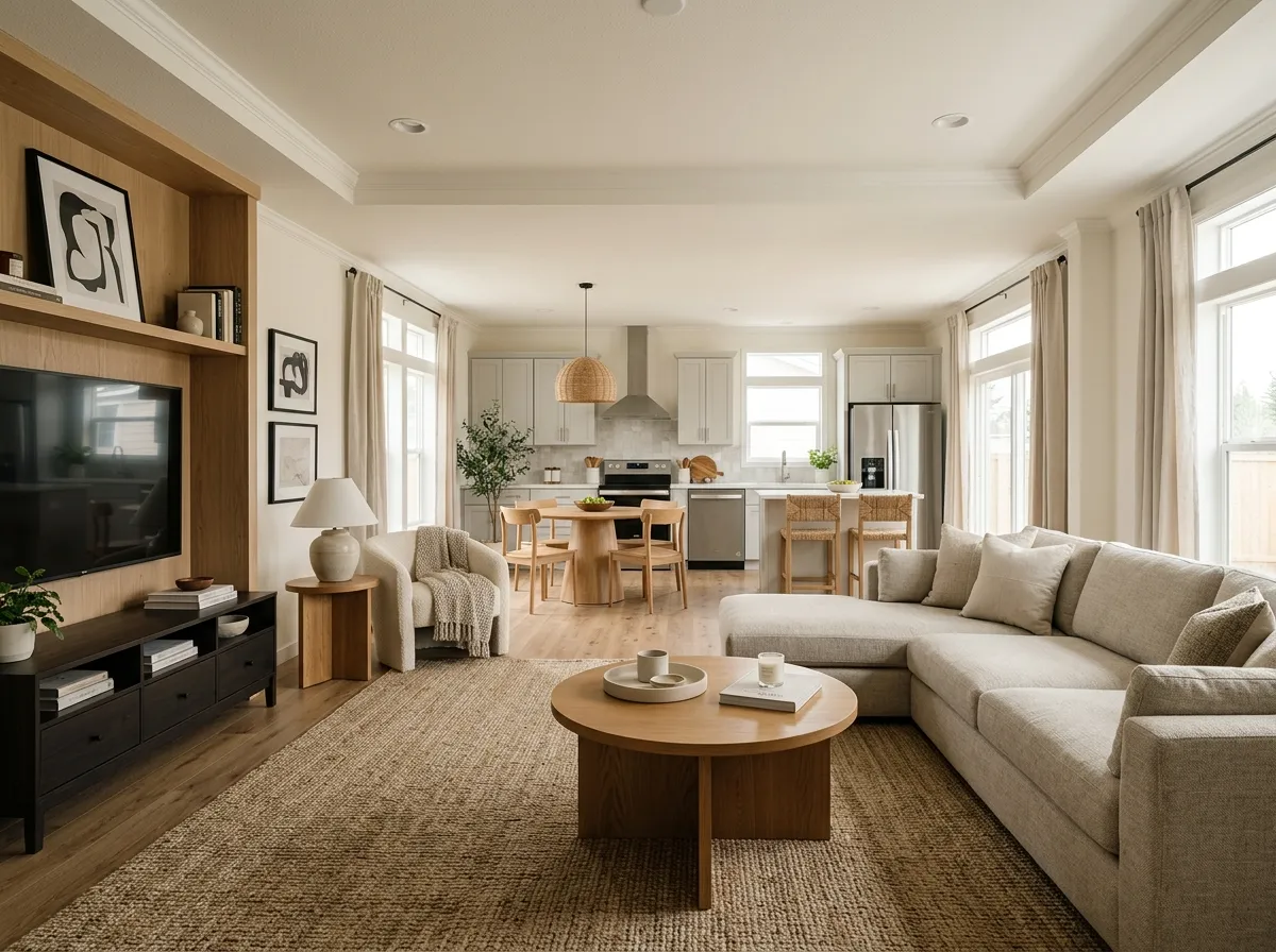 Open-concept double-wide living room with a neutral sectional and rug defining the seating area while remaining visually connected to the dining room and kitchen.