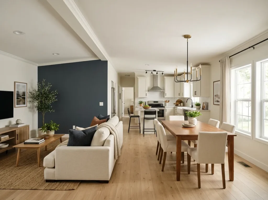 Remodeled double wide interior with updated living room, dining area and kitchen.
