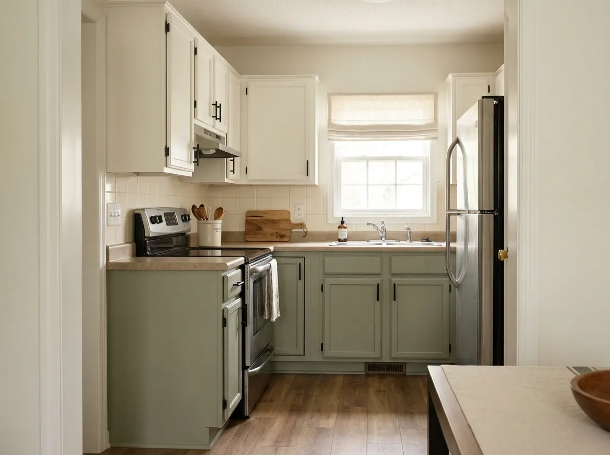 Finished mobile home kitchen makeover with sage lower cabinets, warm-white uppers, retained appliances, wood-look flooring, and a budget-friendly updated layout.