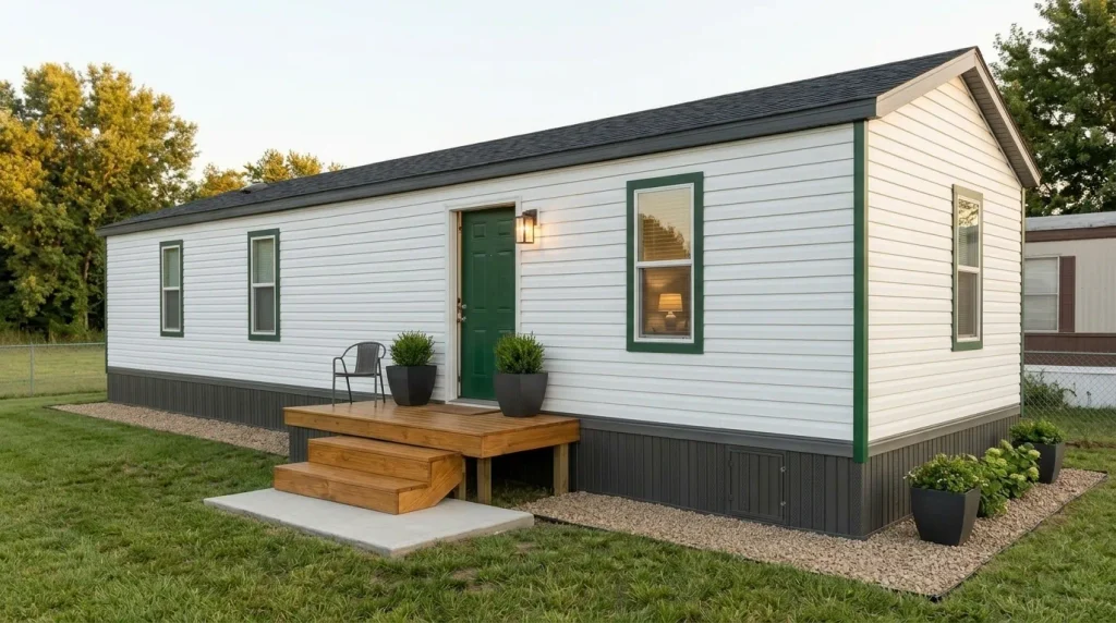 Refreshed single-wide mobile home with a green entry, refinished porch, clean skirting, and coordinated exterior details.
