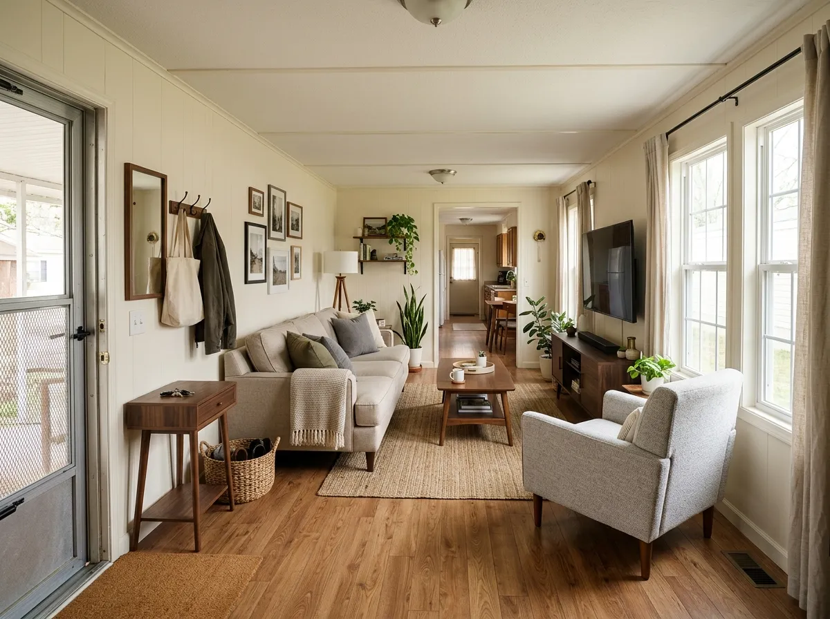 Long, narrow single-wide living room with a clear entry zone, sofa and chair conversation group, TV at the far end, and an open circulation route.