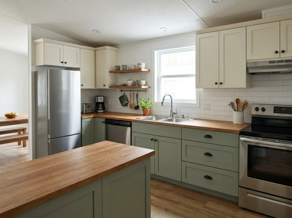 Small manufactured-home kitchen with sage cabinets, warm wood counters, clear prep space, smart storage, and an open walking route.