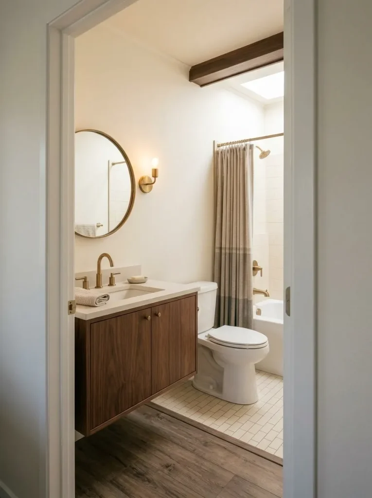 Compact mobile home bathroom with a coordinated vanity, mirror and light forming a cleaner sink-wall composition.