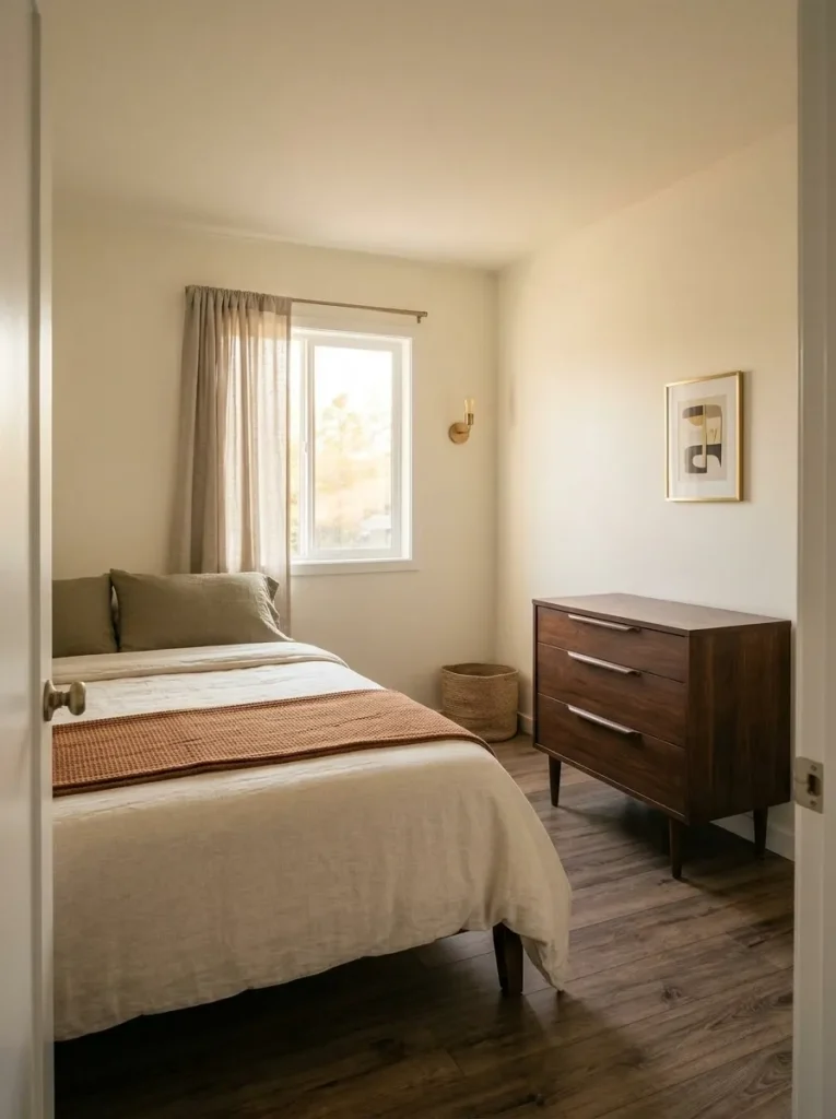 Small mobile home bedroom with neutral finishes and one preserved walnut vintage dresser.