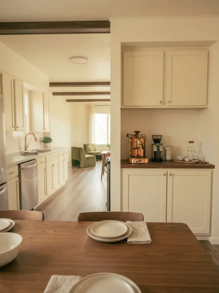 Original mobile home built-in repurposed as a coffee and serving station beside the dining area.