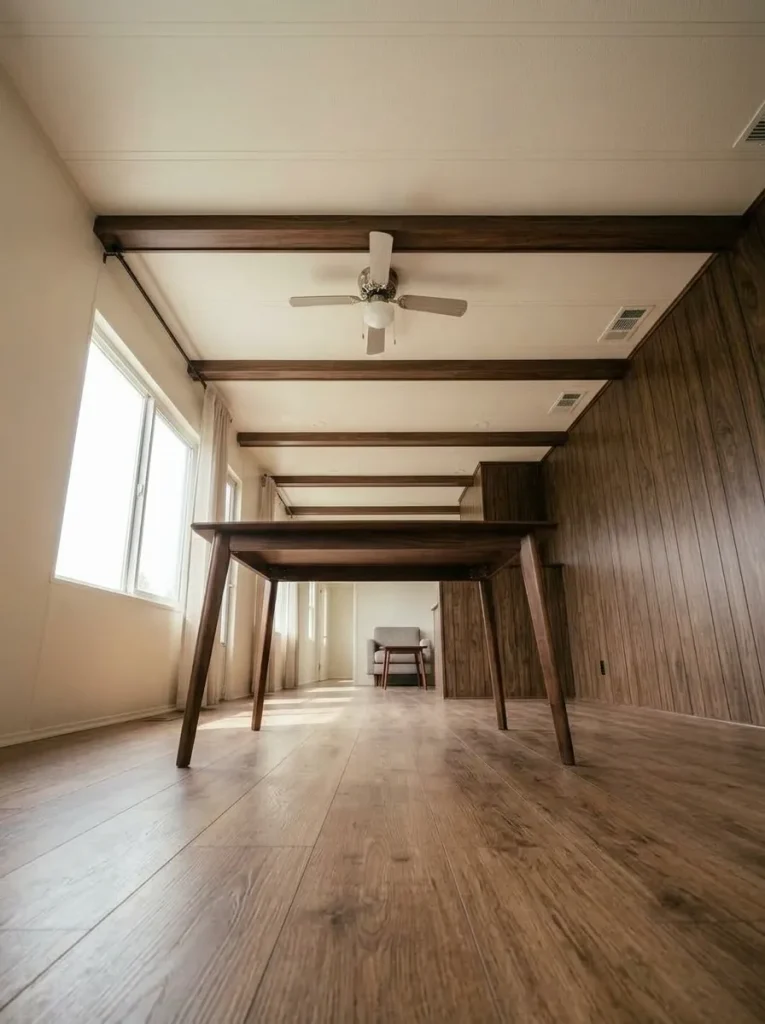 Lightened mobile home ceiling with retained dark wood beams above a warm modern living room.