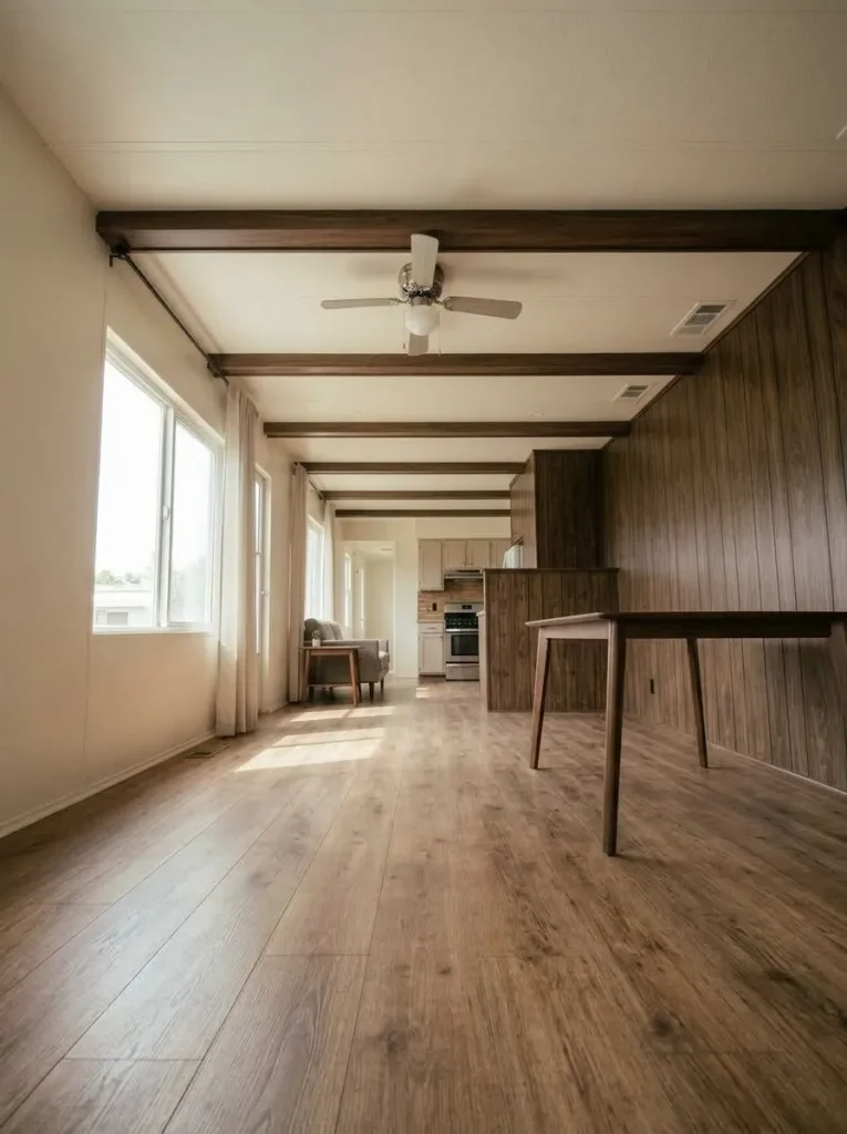 Continuous warm flooring connecting the entry, living room and dining area of a narrow mobile home.