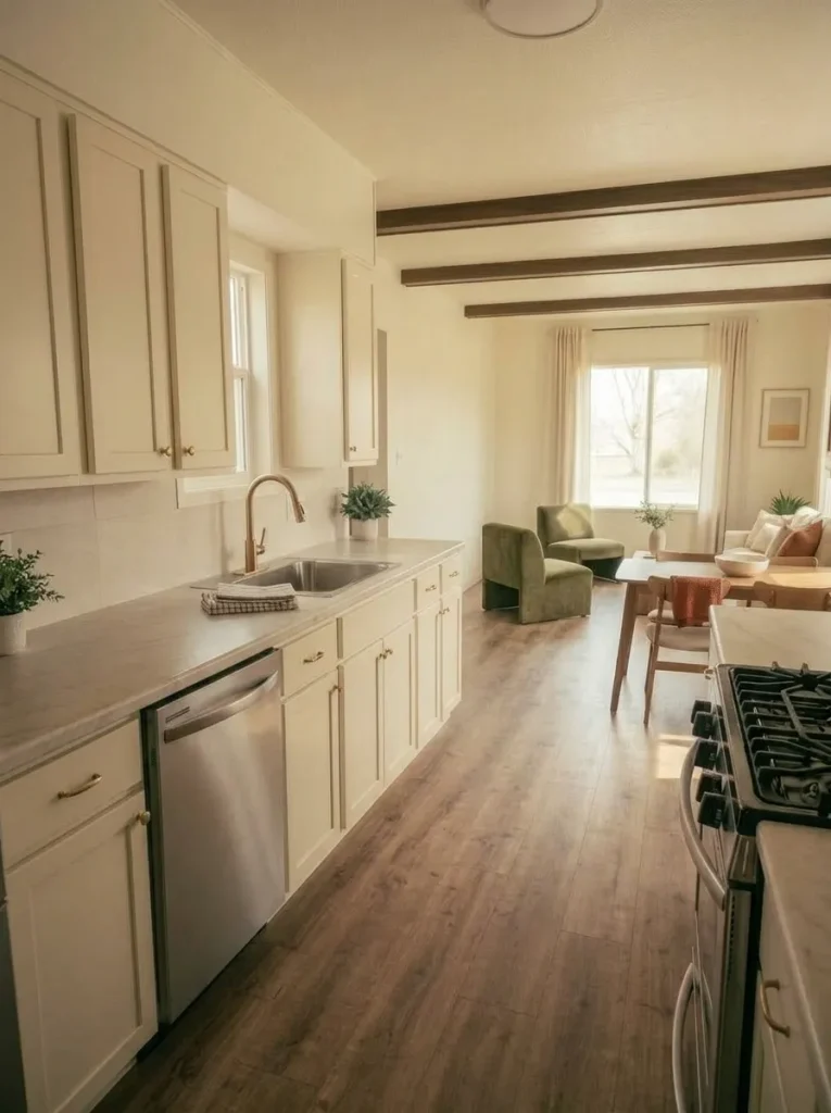 Calm countertop and backsplash paired with refreshed cabinetry in a compact mobile home kitchen.