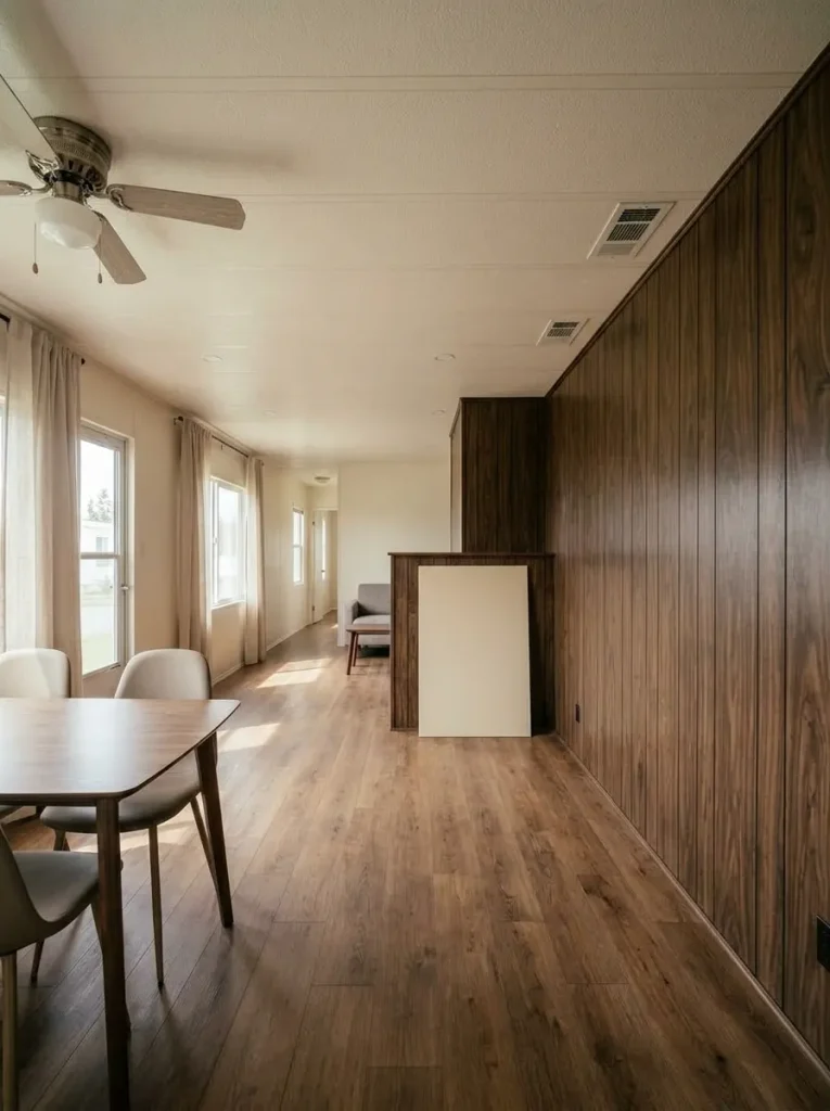 Dark 1970s wall paneling viewed in a simplified living room with a light neutral sample board for comparison.