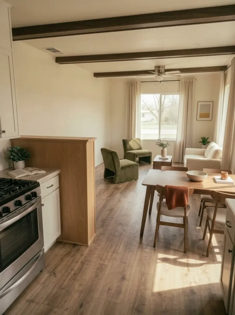 Simplified 1970s mobile home divider defining living and dining areas while keeping the sightline open.