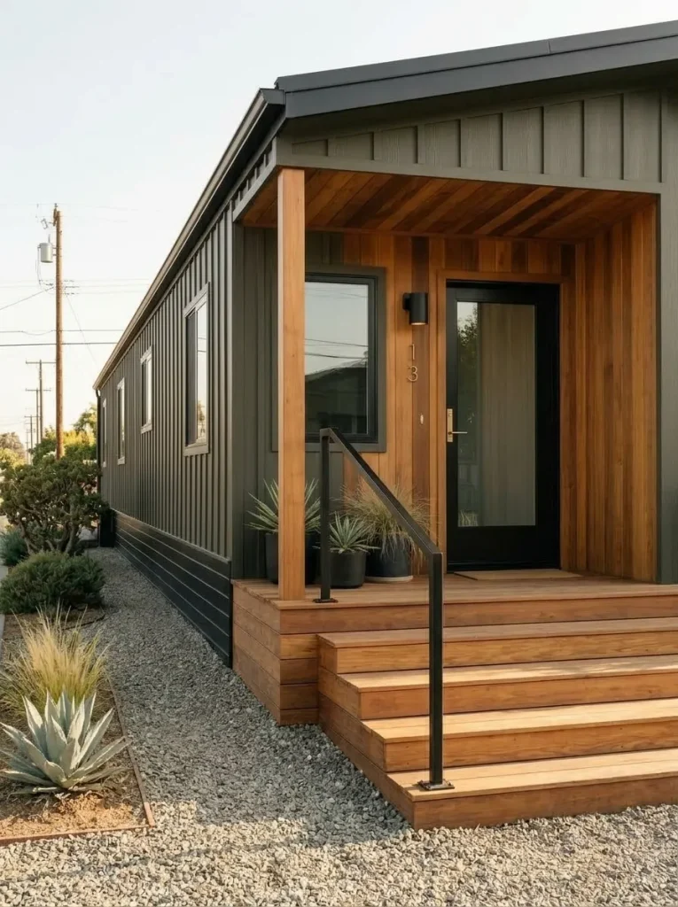 Cedar steps, simple railing, dark front door and coordinated exterior light creating a clear mobile home entry.