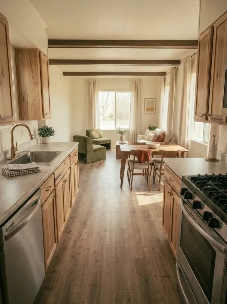 Refreshed mobile home kitchen with original cabinet layout, creamy cabinet fronts and simple aged-brass hardware.