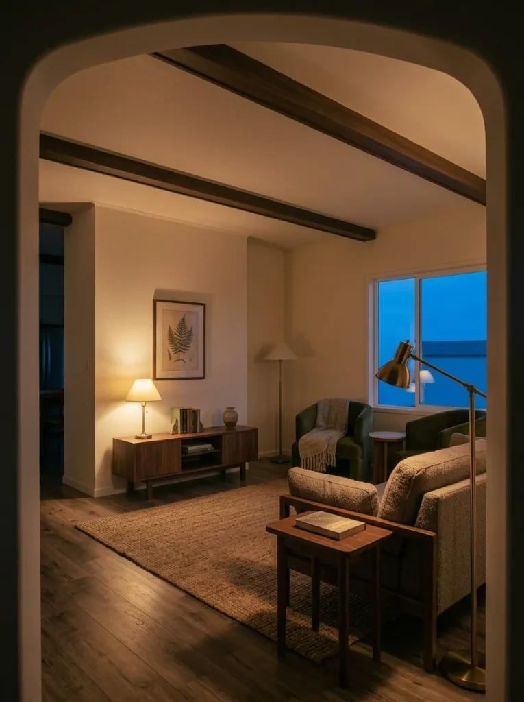 Layered evening lighting illuminating the sofa, retained wood details and focal wall in a mobile home living room.