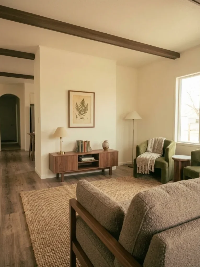 Mobile home living room organized around one calm focal wall viewed from the main sofa.