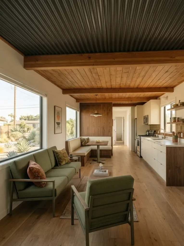 Finished mobile home interior showing a cohesive sightline from the living room through dining and kitchen.