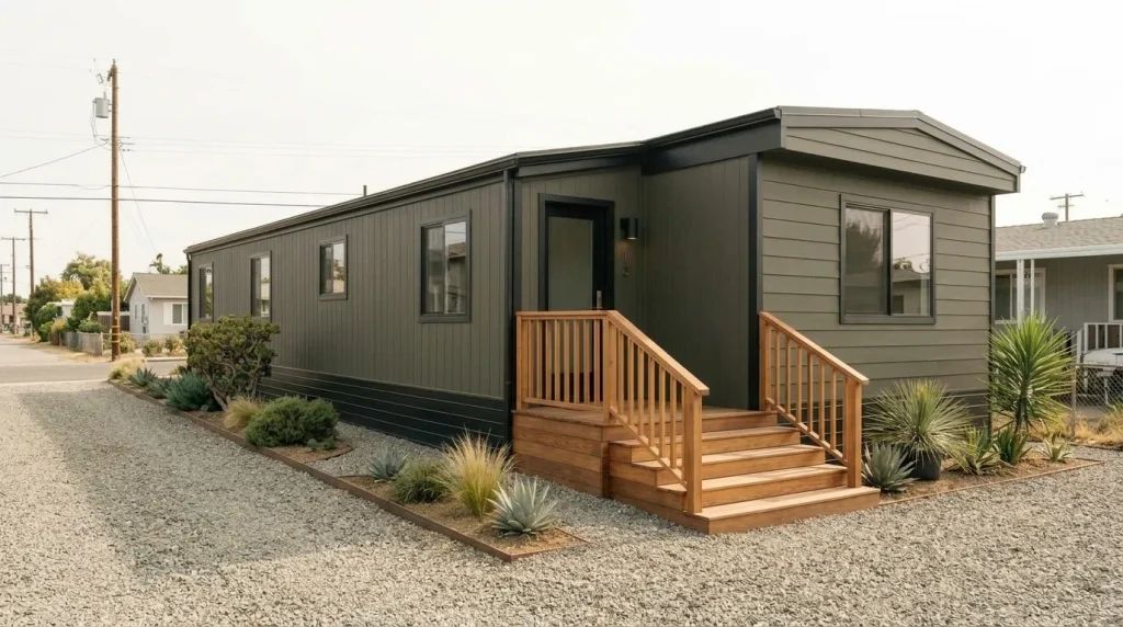 Renovated 1970s mobile home with dark olive-charcoal siding, cedar entry steps and simple modern landscaping.