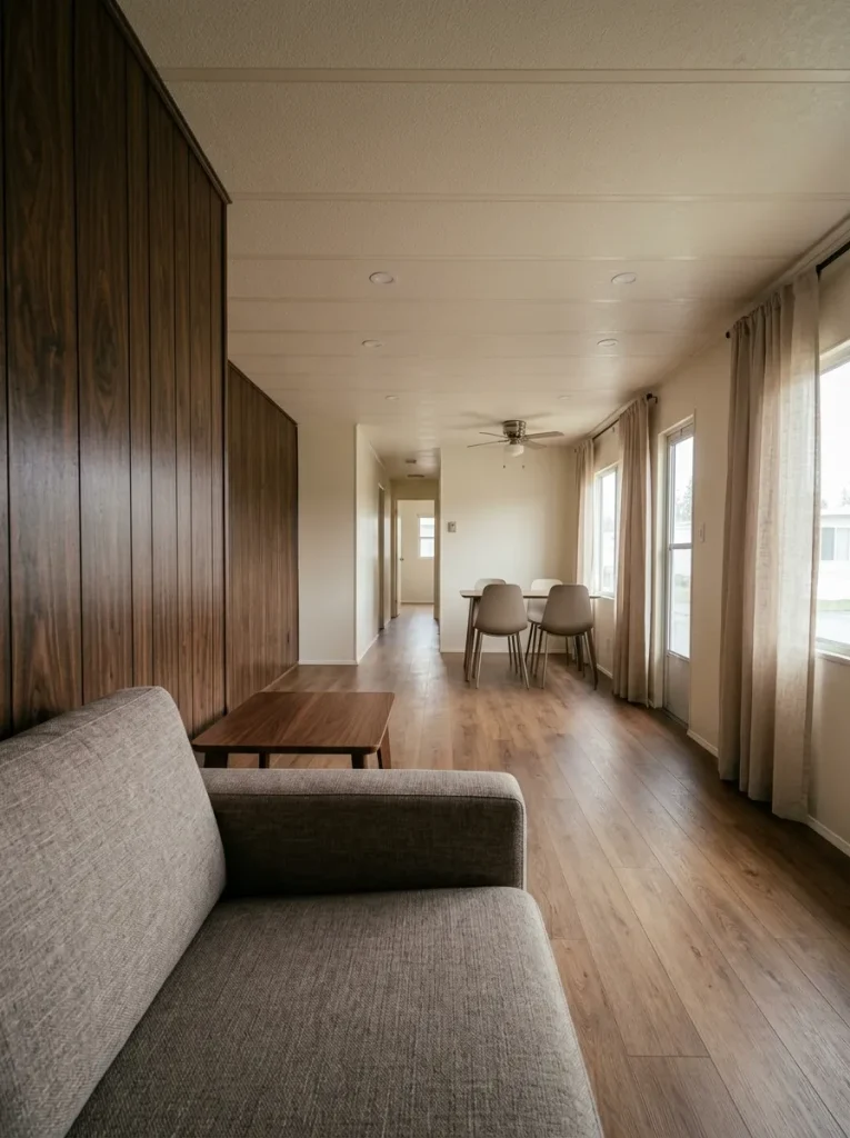 Updated mobile home living room retaining one original walnut paneled wall with lighter modern finishes around it.