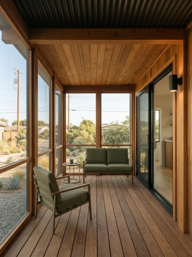 Screened mobile home porch using repeated wood, dark metal and olive accents to connect visually with the interior.