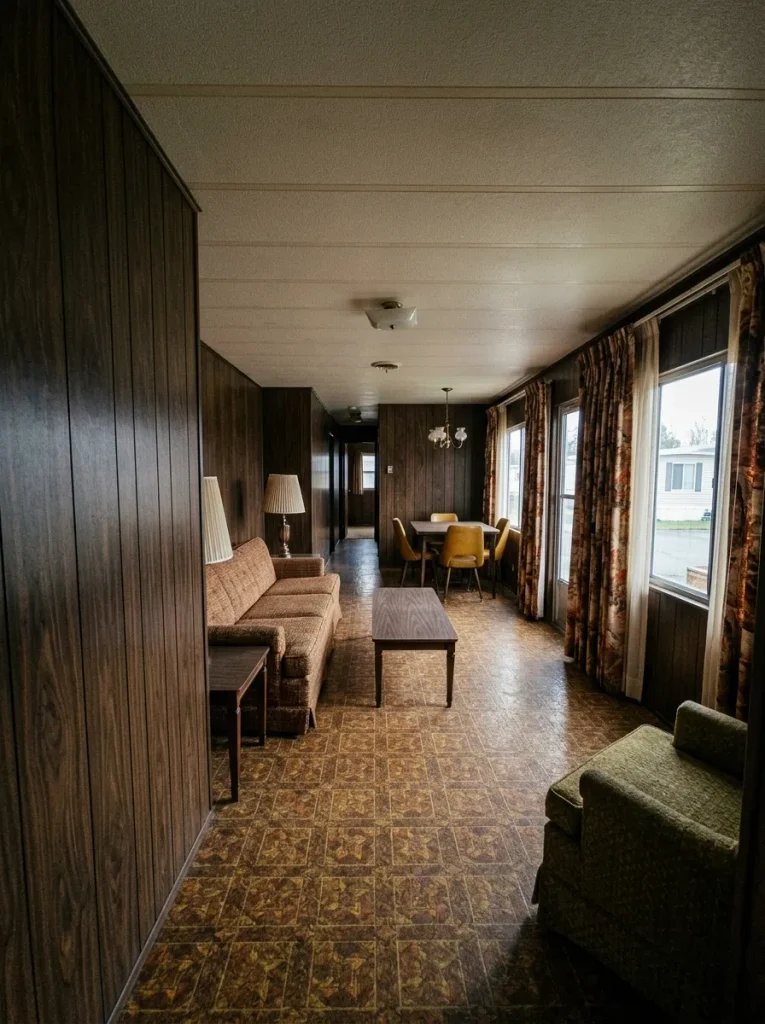 Dated 1970s mobile home living and dining area showing dark wall paneling, heavy window treatments and an older patterned floor.