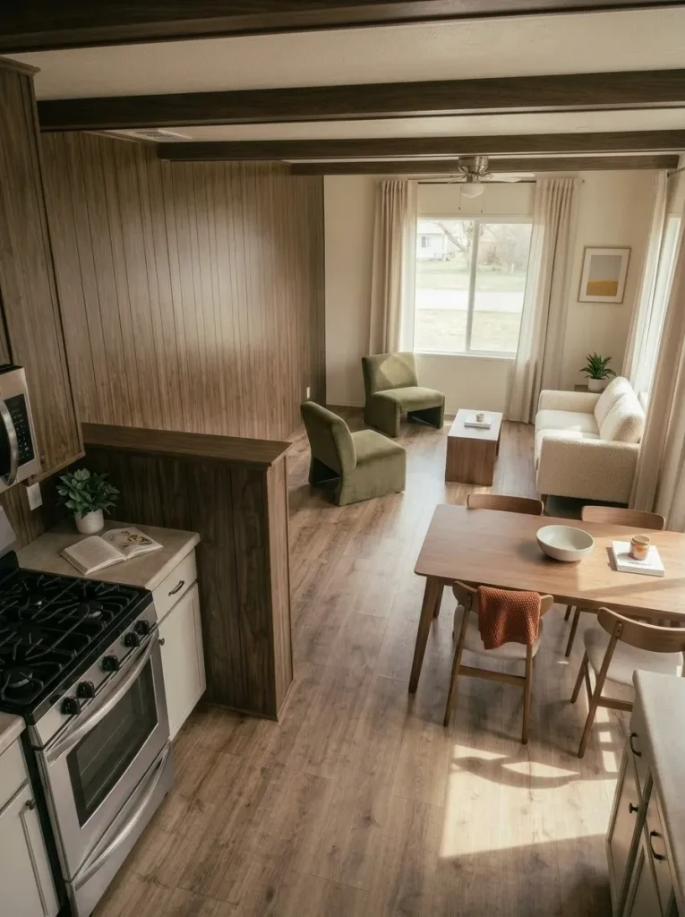 Warm neutral mobile home living room using muted olive, rust and walnut as controlled vintage accents.