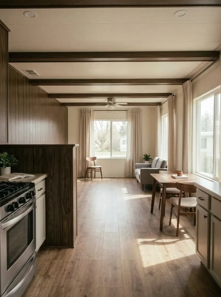 Existing mobile home window made brighter with simple full-length curtains and an uncluttered wall treatment.