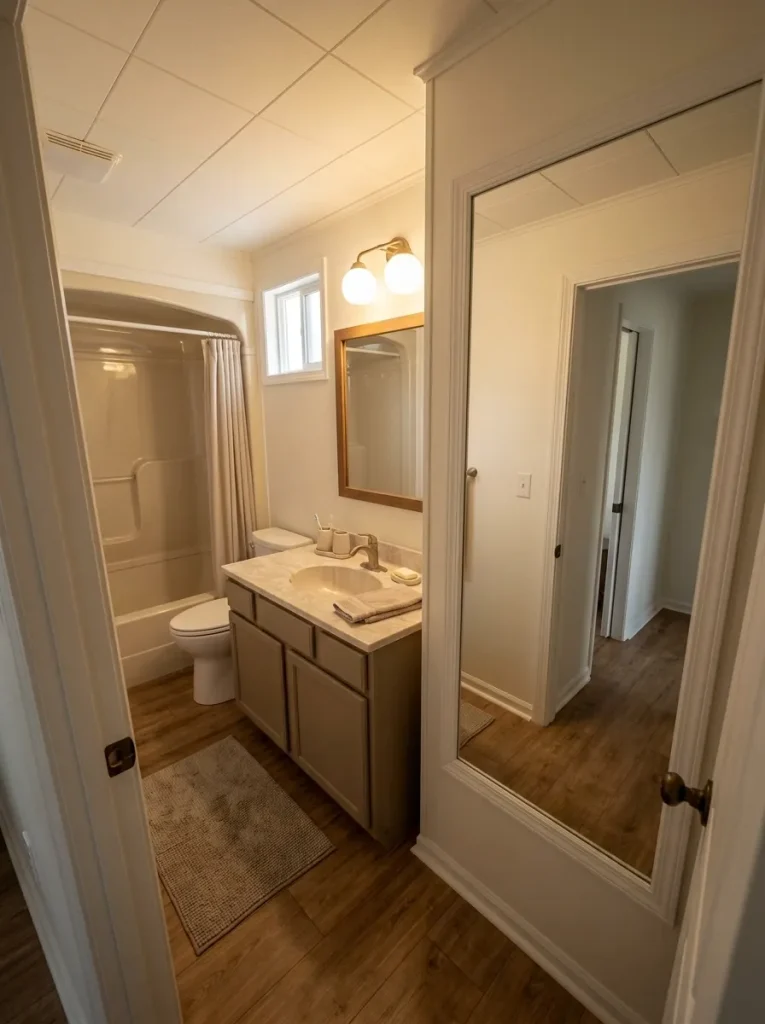 Compact 1980s manufactured-home bathroom with a refinished vanity, simple mirror and properly scaled lighting.