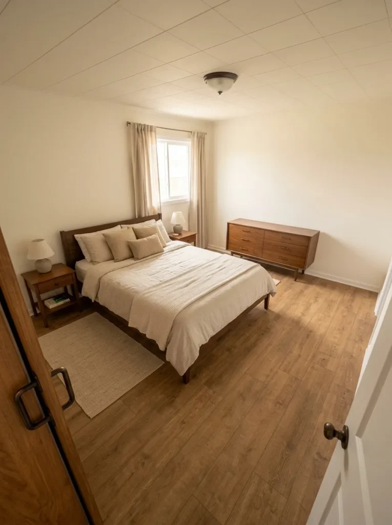 1980s manufactured-home bedroom with selected original furniture retained and fewer large pieces creating more floor and wall space.