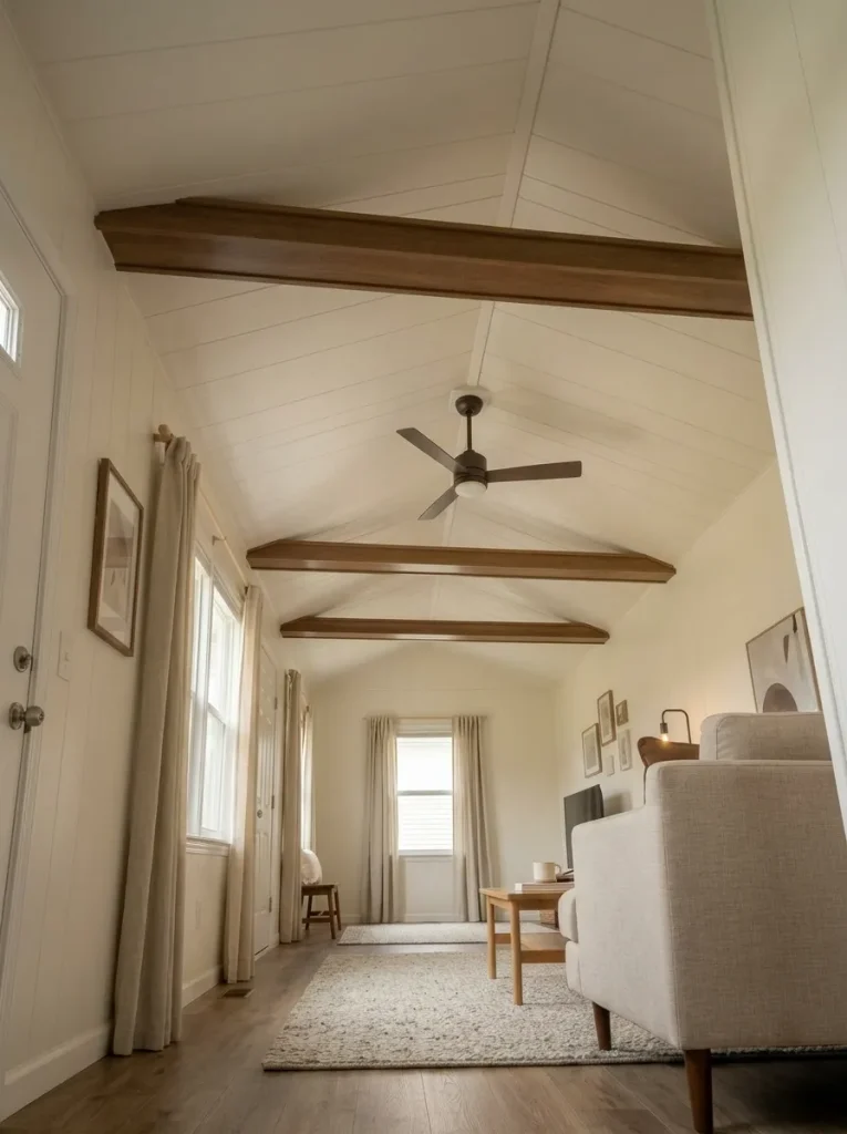 Modernized vaulted ceiling in an 1980s manufactured home with a quiet white plane, retained wood beams and simple ceiling fan.