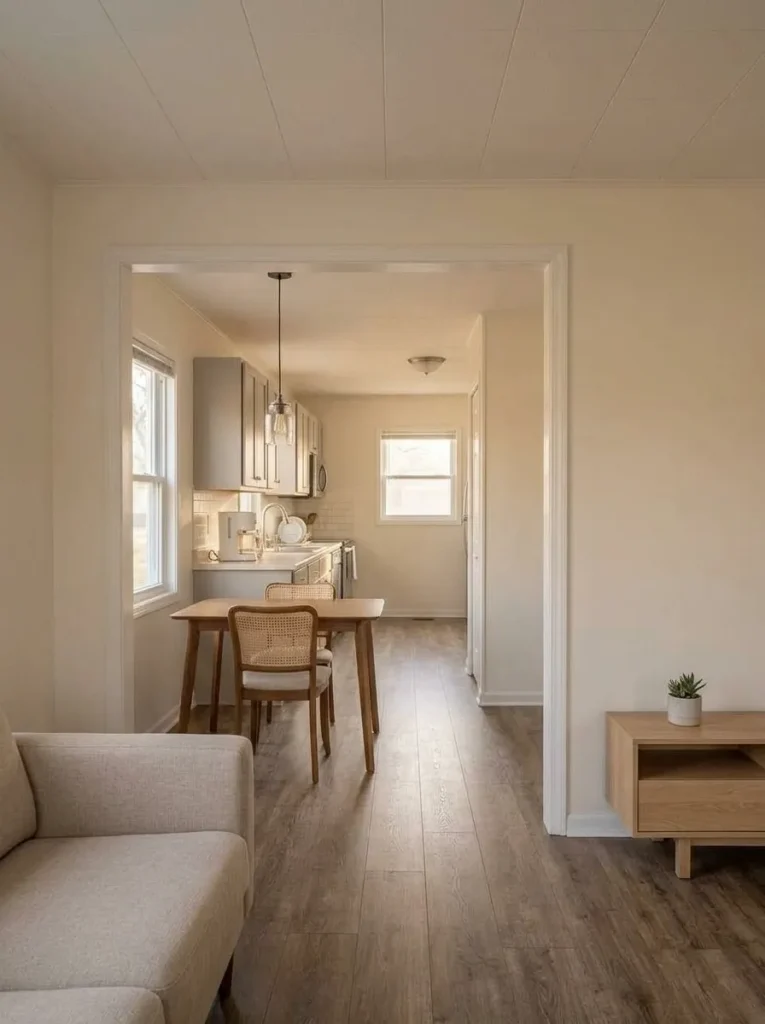 Connected living and dining areas in an 1980s manufactured home made more open through continuous finishes and lighter furniture.