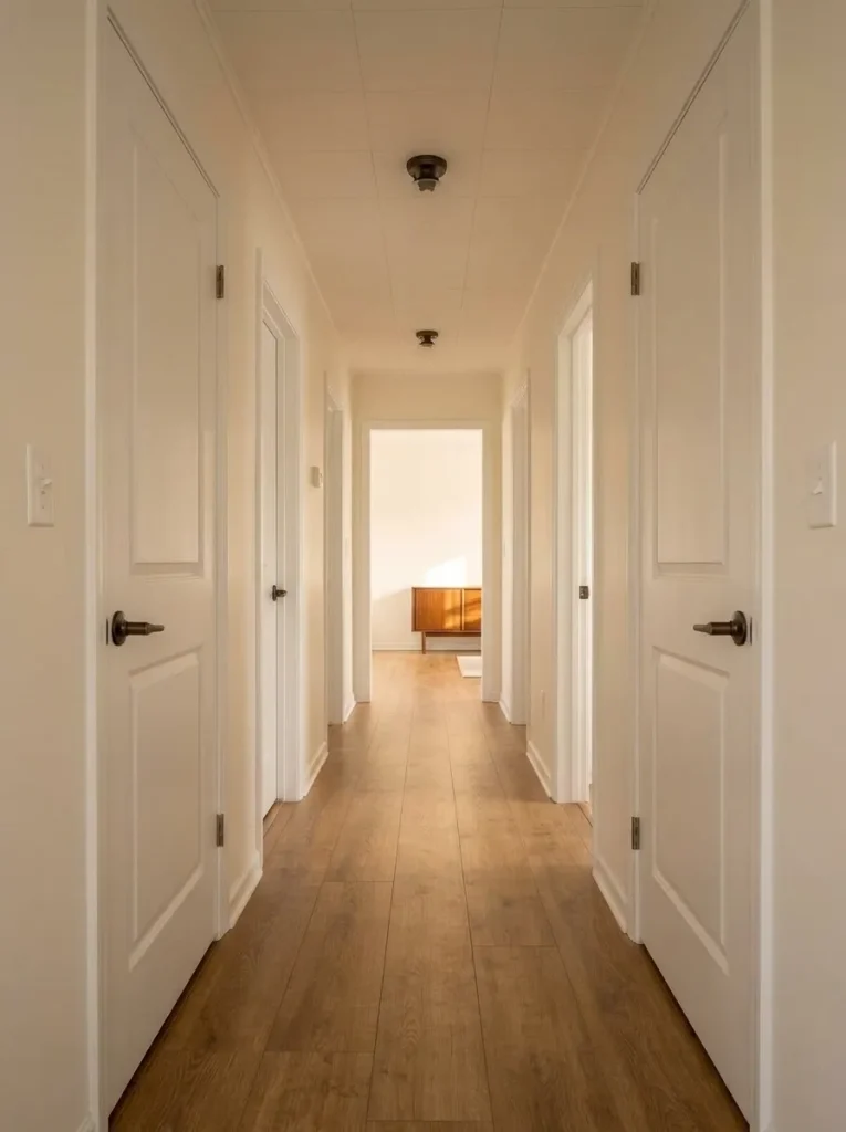 Updated hallway in an 1980s manufactured home with consistent doors, trim, hardware and continuous flooring.