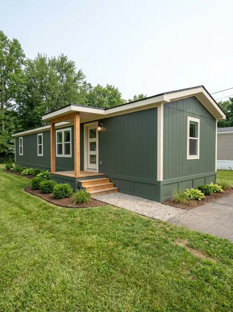 Modernized 1980s manufactured-home exterior with deep green siding, light trim and a warm wood entry creating a clear focal point.