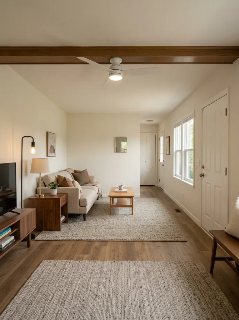 Modernized 1980s mobile-home living room retaining a wood beam and useful furniture while updating walls, lighting and flooring.