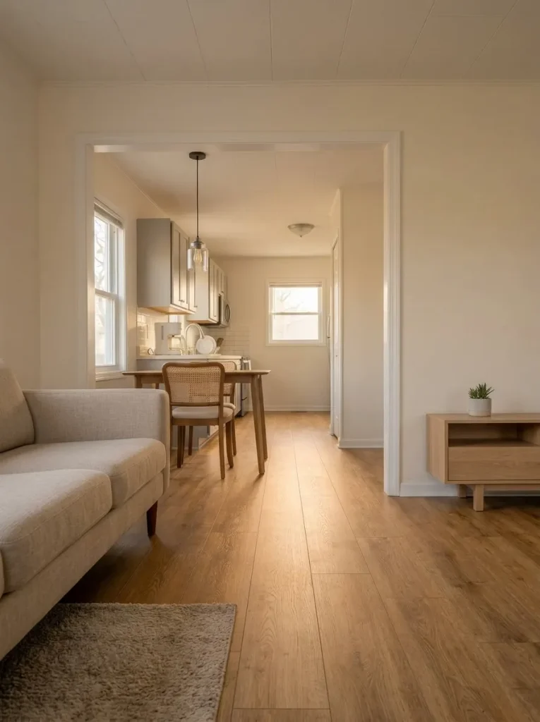 Low-angle view through an 1980s manufactured home showing continuous warm flooring connecting the entry, living and dining spaces.