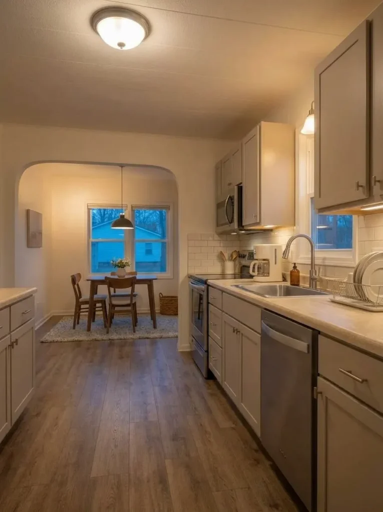 Refinished original cabinetry in a compact 1980s manufactured-home kitchen with updated hardware, counter and backsplash.