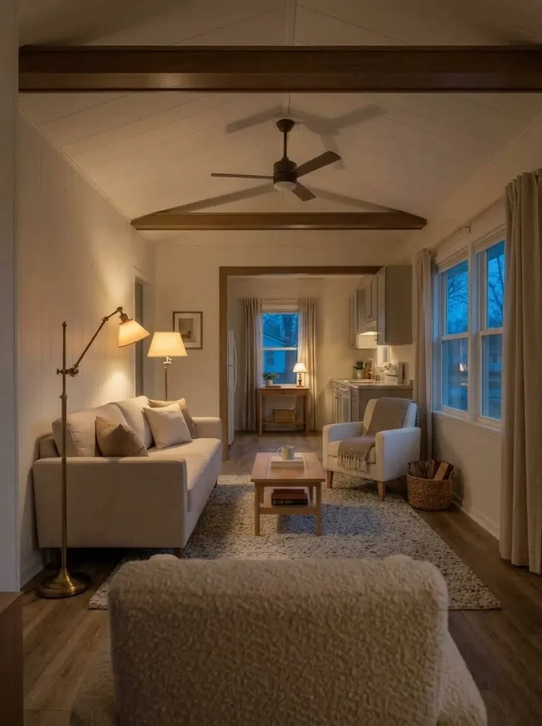 1980s manufactured-home living room at dusk with floor, table and overhead lighting creating several comfortable light levels.