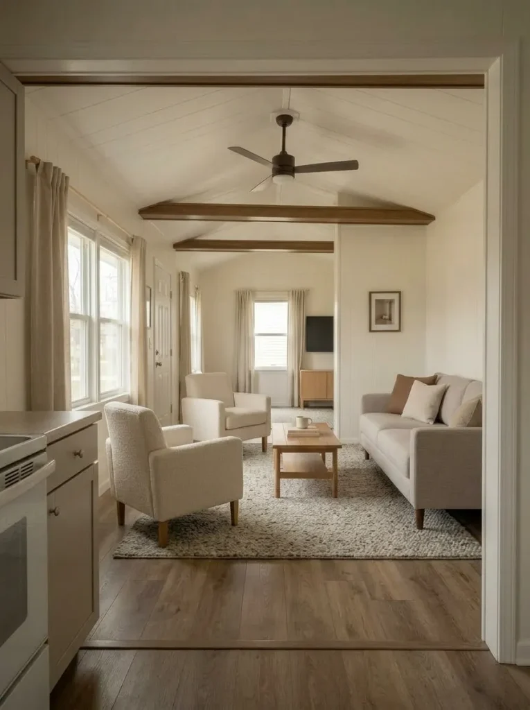 Long 1980s mobile-home living room with an existing sofa, simplified furniture arrangement and a clear circulation path.