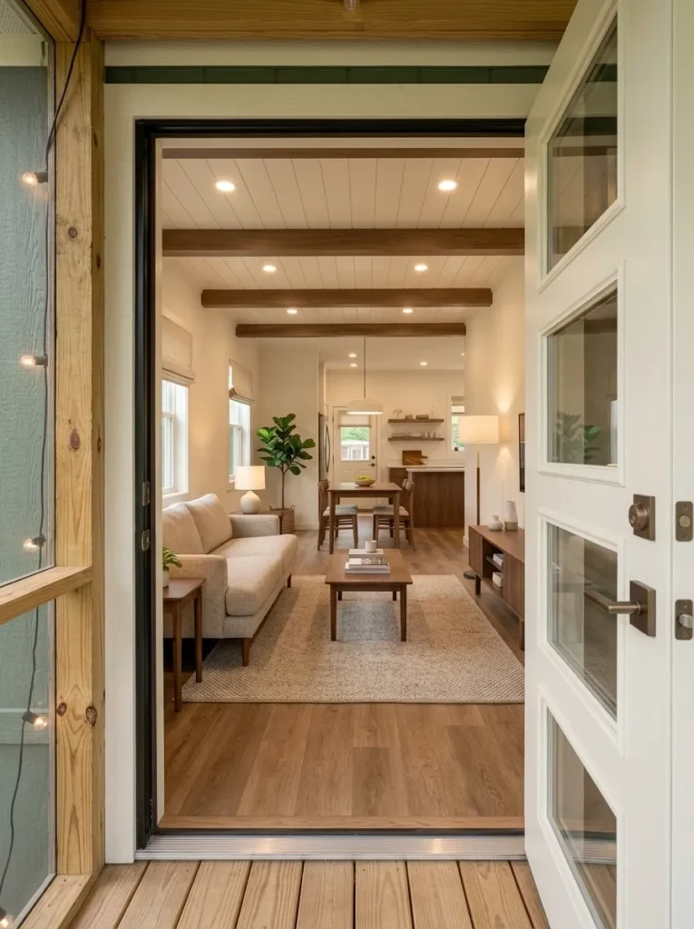 View from the porch into a completed 1980s manufactured-home makeover with coordinated flooring, walls, furniture and connected living spaces.