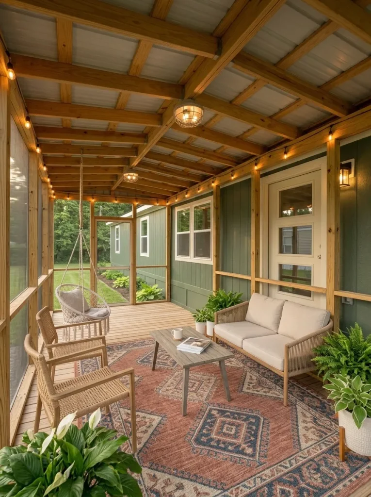 Screened porch on an older manufactured home arranged as a modern outdoor living area with a rug, seating and clear circulation.