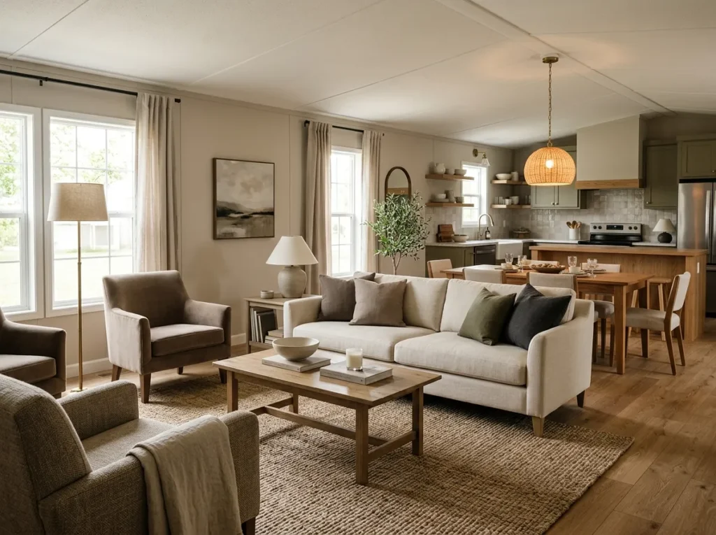 Cozy double-wide interior with defined living and dining zones surrounded by open floor.