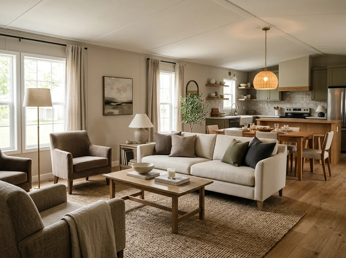 Cozy double-wide interior with defined living and dining zones surrounded by open floor.