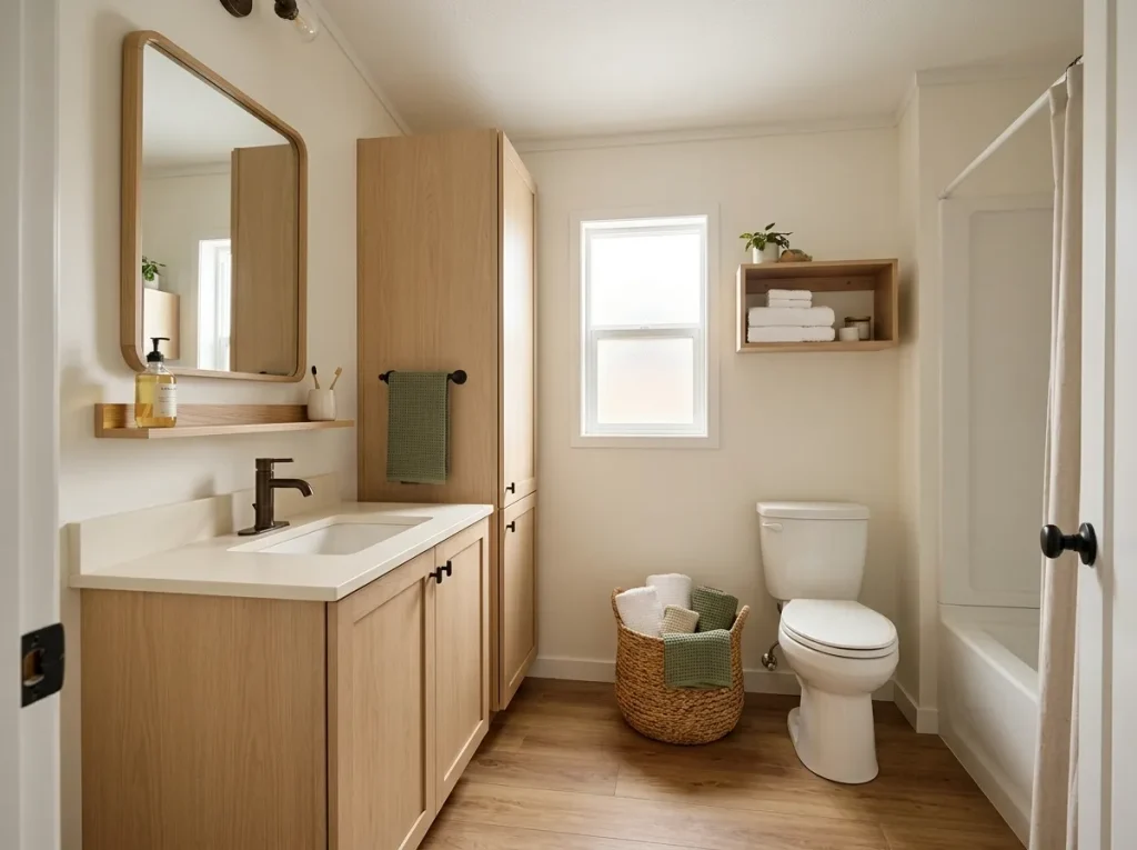 Stylish mobile home bathroom storage ideas with a slim cabinet, open shelf, concealed storage and clear floor space.