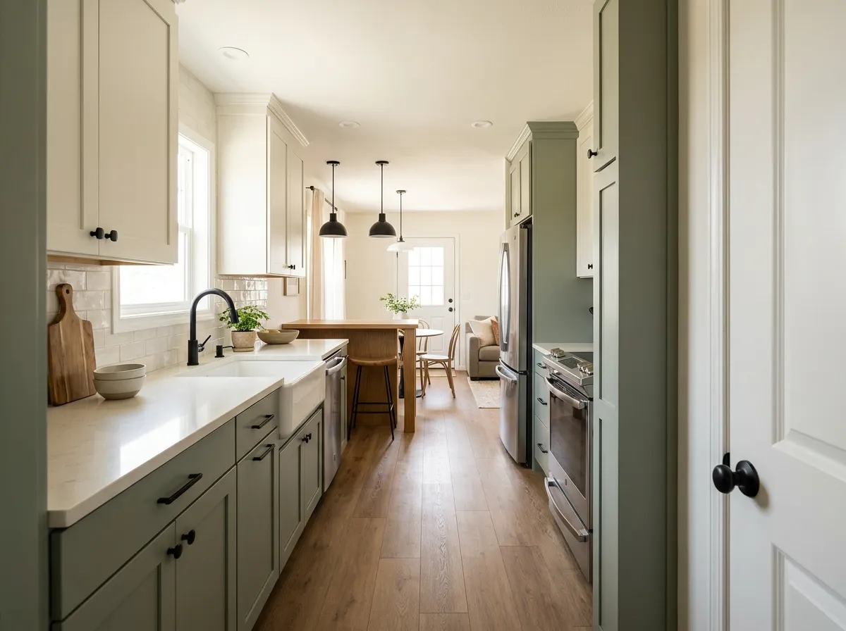 Renovated narrow single-wide kitchen with sage cabinets, warm wood accents and an open path toward the dining area.