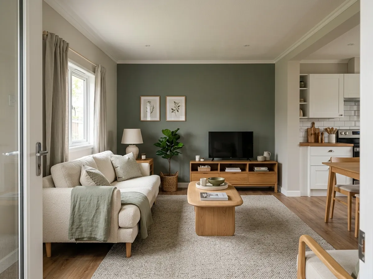 Small mobile home living room with visible flooring, a low coffee table, restrained furniture, and a coordinated open kitchen beyond.