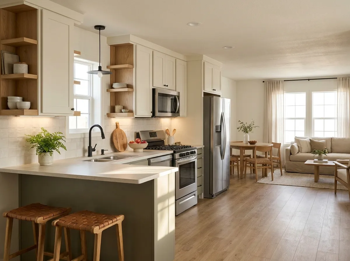 Fresh modern double-wide mobile home kitchen with warm white cabinets, muted green peninsula, wood accents, and an open view toward the living area.