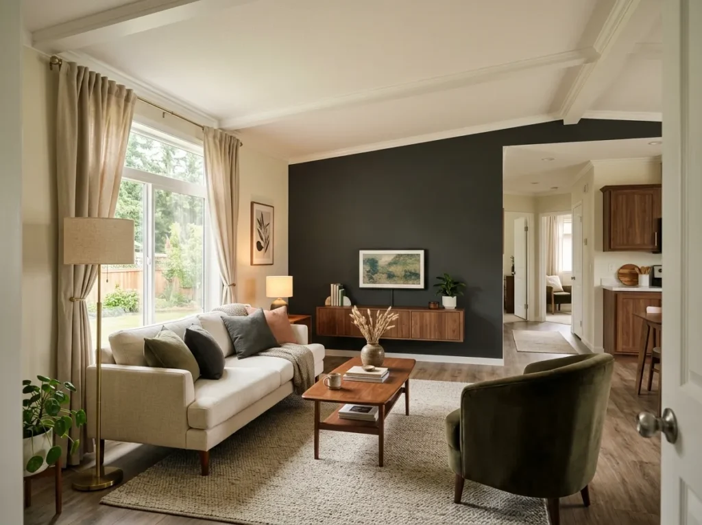 Comfortable mobile home living room with coordinated seating, a dark focal wall, warm wood furniture, tall curtains and a clear walkway.