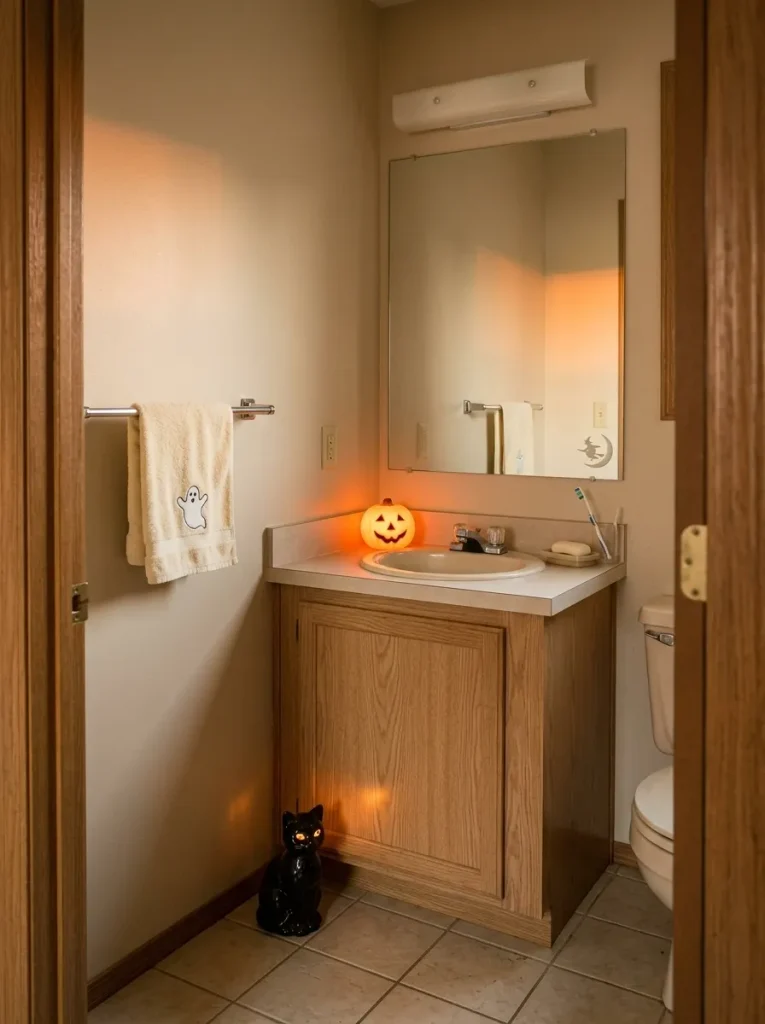 Three familiar cues are enough to give a tiny bathroom a complete nostalgic Halloween identity without sacrificing function.