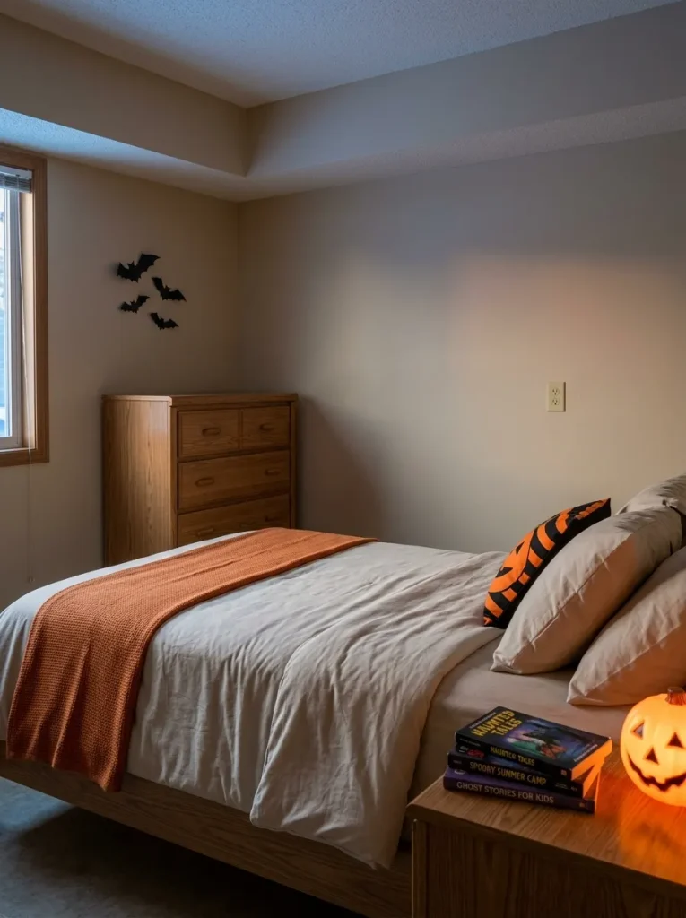 A softer mix of bedding, paperbacks, and one warm pumpkin light turns the bedroom into a nostalgic Halloween sleepover without overwhelming it.