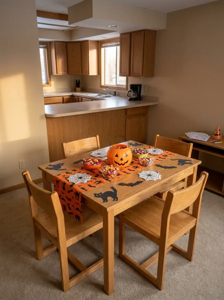 The dining table can carry the article's densest nostalgic styling because its edges naturally contain the temporary Halloween-party scene.