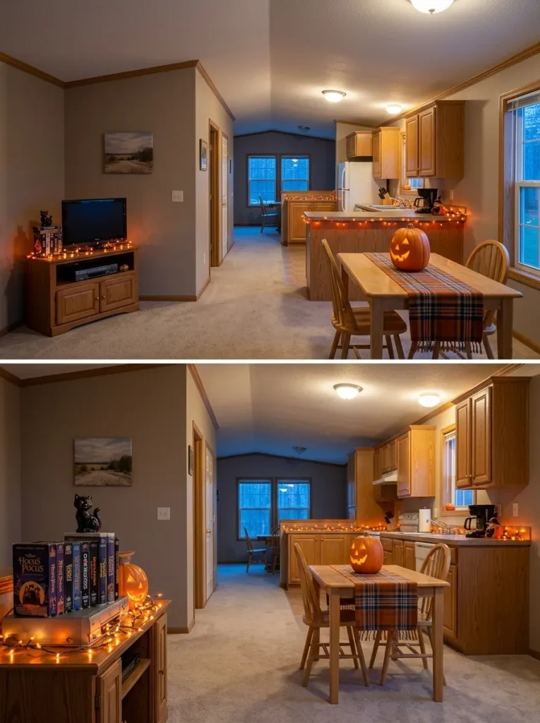 Alternating nostalgic focal points with quieter spaces lets Halloween travel through the whole mobile home without making every room equally busy.